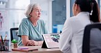 Medical, consultation and doctor with senior patient writing a prescription for medication treatment. Advice, checkup and female healthcare worker talking to an elderly woman in her clinic office.