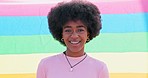 African woman, pride flag and face in portrait for gay human rights, inclusion and smile by rainbow background. Gay girl, lgbtq equality and happy with sign, celebration and lesbian support with afro