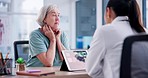 Healthcare, stress and doctor with senior patient talking on diagnosis treatment plan in clinic. Advice, checkup and female medical worker with tablet speaking to an elderly woman in hospital office.