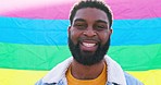 Gay African man, pride flag and face in portrait for gay human rights, inclusion and smile by rainbow background. Queer guy, lgbtq equality and happy with sign, celebration and support with opinion