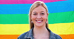 Pride, flag and lesbian, woman and LGBTQ community with smile in portrait, support and freedom to love. Inclusion, equality and rainbow with gay human rights, happiness and symbol for queer sexuality