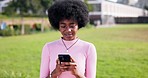 African teen, girl with smartphone in park, communication and social media chat, meme and network. Contact, internet and online, reading email with technology and using phone outdoor for mobile app