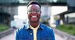 Smile, face and black man in the city for urban planning, site inspection or management. Happy, laughing and portrait of an African person in a town, street or road for architecture or infrastructure