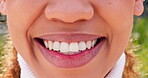Mouth, closeup and woman with a smile on face for happiness outdoor in nature and wellness in summer. Happy, face and healthy teeth, skincare or person with freedom, joy and pride in cosmetics