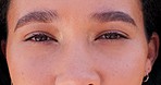 Eye care, woman and closeup portrait of eyes with optical, optometry or vision wellness. Ophthalmology, healthcare and zoom of African female person with eyesight, eyelashes and microblading brows.