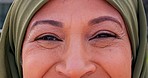 Eyes, vision and portrait of senior woman with optical health, wellness and optometry awareness. Eyesight, ophthalmology and closeup of muslim female person looking with natural eye care perception.