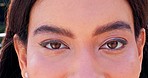 Cosmetics, woman and closeup portrait of eyes with optical, makeup or eye care wellness. Ophthalmology, healthcare and zoom of African female person with beauty, eyelashes and microblading brows.