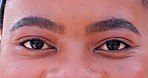 Vision, woman and closeup portrait of eyes with optical, optometry or eye care wellness. Ophthalmology, healthcare and zoom of African female person with eyesight, eyelashes and microblading brows.