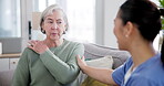 Conversation, advice and caregiver help senior woman on retirement with consultation on couch in home for trust. Care, medical and elderly person in with nurse or therapist for healthcare on sofa
