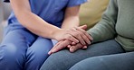 Support, hope and hands of senior woman with nurse on sofa for comfort, kindness or cancer news empathy. Homecare, trust and lady caregiver with old patient in living room with help, care or love