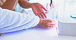 Hands on woman at spa, nail polish and uv light with technician for beauty, luxury grooming and cosmetics. Professional led manicure service, machine and girl at salon for wellness and color on nails