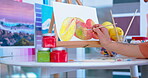 Hands, artist and closeup of painting on canvas, talent and inspiration in studio. Art, brush and creative woman drawing picture of fruit on paper with watercolor, design palette and oil in workshop