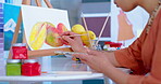 Art, hands and closeup of painting on canvas, talent and inspiration in studio. Woman, brush and creative artist drawing picture of fruit on paper with watercolor, design palette and oil in workshop