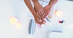 Nails on woman at spa, massage and manicure technician for beauty, luxury grooming and cosmetics. Professional self care service, hands of girl at salon and cream, skincare wellness or dermatology.