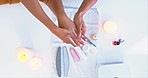 Hands on woman at beauty salon, massage and manicure technician for skincare, luxury grooming and cosmetics. Professional nail service, girl at wellness spa with cream, self care and dermatology.