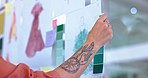 Fashion, design and woman at moodboard for ideas, color swatch and sketch for small business workshop. Job planning, drawing of clothes and inspiration for creative designer brainstorming at mindmap.