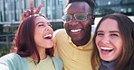 Friends, selfie and peace sign with smile, city and holiday travel for adventure, comic laugh and diversity. Black man, women and photography for memory, profile picture or hand icon on social media