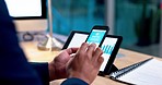 Phone, website and hands of business person scroll for data analysis, financial trade and mobile app. Fintech, corporate and worker on smartphone screen with graphs, charts and analytics on tablet