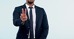 Corporate, hand and person with a peace sign on a white background for success, win or business. Emoji, suit and an employee or worker with a gesture for a career goal, target or support with mockup