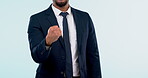 Hand, success and a winner business man with a suit in studio on a white background closeup for support. Fist, yes and celebration with a corporate or professional employee cheering a target or goal