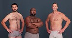 Men, body positive and face with diversity, community and happy in studio and underwear. Portrait, male group and grey background with friends, smile and pride together with solidarity and model