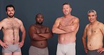 Unique men, body positivity and face with diversity, confidence and happy in studio and underwear. Portrait, male group and grey background with friends and pride together with model solidarity