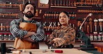 Leather work, portrait of man and woman with arms crossed, tools and manufacturing of unique textile product. Pride, confidence and happy team at small business tannery workshop or factory together.