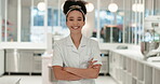 Face, chef and smile of woman with arms crossed in kitchen at restaurant of hotel. Portrait, cooking and confident worker, culinary professional and happy employee in catering career in South Africa