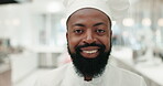 Face, smile and a black man chef in a kitchen for meal preparation as a professional in a commercial restaurant. Portrait, hospitality or catering with a happy cook in the food and beverage industry