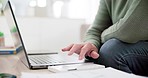 Person hands, calculator and laptop on sofa for budget, finance or bills and investment or savings at home. Computer, numbers and math for taxes, debt and asset management research in living room