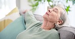 Senior woman, couch and breathe to relax, calm nap and comfortable break in retirement at home. Tired elderly lady sleeping for rest, mental health and freedom of peace, happiness or daydream on sofa