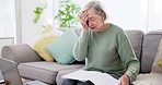 Senior woman, stress and headache with notebook planning, asset management risk and crisis or financial mistake. Elderly person with anxiety or confused for loan, budget or pension research at home