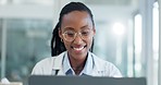 Healthcare, doctor and black woman with video call, hospital and connection with conversation, diagnosis and advice. African person, medical professional and employee with online consultation or help