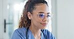 Smile, doctor and a woman at a clinic in an office for healthcare, service or work in nursing. Happy, hospital and a female medical employee or surgeon working for a consultation or in cardiology