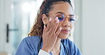 Reading, doctor and a woman at a clinic in an office for healthcare, service or work in nursing. Happy, hospital and a female medical employee or surgeon working for a consultation or in cardiology