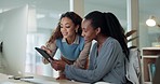 Business women, tablet and talking in office for advice, project management and planning review. Happy employees working late with digital technology for feedback, team collaboration and information