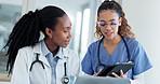 Doctors, women and teamwork on tablet for medical management, mentor advice, support or hospital planning. Healthcare nurse or surgeon on digital technology for online report, feedback or clinic data