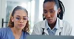 Doctors, nurse or women on laptop for healthcare training, clinic research and advice or support on database. Medical team or mentor on computer for Telehealth management, software review or planning