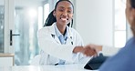 Healthcare, patient and doctor with handshake, smile and trust with consultation, care and treatment. Black woman, medical professional and lady shaking hands, checkup for diagnosis and thank you