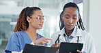 Doctors, team checklist and tablet for medical charts, hospital schedule and planning admin for workflow. Healthcare nurse and women on digital tech, documents or folder of clinic or data comparison