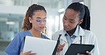 Doctors, team documents and tablet for medical charts, hospital schedule and planning admin for workflow. Healthcare nurse and women on digital tech, checklist or folder for clinic or data comparison