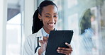 Doctor, happy woman and tablet in healthcare, hospital or clinic services, software management or excited news. medical worker, nurse or african person scroll on digital technology in Telehealth chat