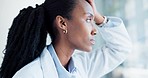 Black woman, doctor and burnout in healthcare with headache, frustrated and unhappy with stress at hospital. Tired, fail and mistake, surgeon is sad or angry, thinking about health crisis and regret