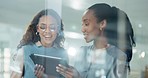 Team, tablet and business women talking creative planning in office with innovation and collaboration. Discussion, technology and people agree on social media research, online design or website idea