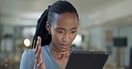 Confused, black woman and tablet in office, problem and typing to network on social media. Technology glitch, frustrated and African person with error, scam on business email and reading bad news