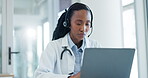 Doctor, video call and consulting  with black woman and laptop for telehealth, advice and online meeting. Medical, healthcare and webinar person in hospital for virtual conversation and communication