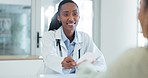 Hospital, documents and doctor with prescription for patient for medical service, help and medicine. Healthcare, clinic and black woman consulting with client for health exam, diagnosis and results