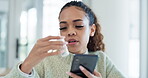 Internet, pills and woman with a cellphone, research and checking medication with website information, supplement and network. Person, home and healthy girl with a smartphone, connection and medicine
