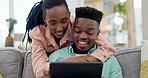 Black couple, tablet and hug in living room sofa with love, social media and smile in home. Couch, online shopping and website scroll of young people together with a talking, embrace and conversation