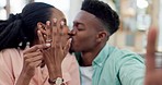 Selfie, engagement celebration or faces of black couple on social media for marriage at home. Kiss, woman or happy man in picture, vlog or photo post to bond with love, smile or ring for commitment
